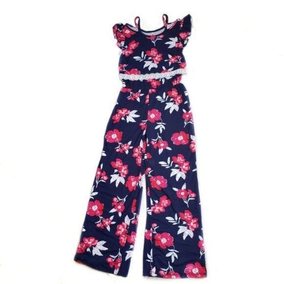 One Step Up NWT girls Navy Floral Ruffle Jumpsuit M 10/12 summer vacation casual - Picture 2 of 5